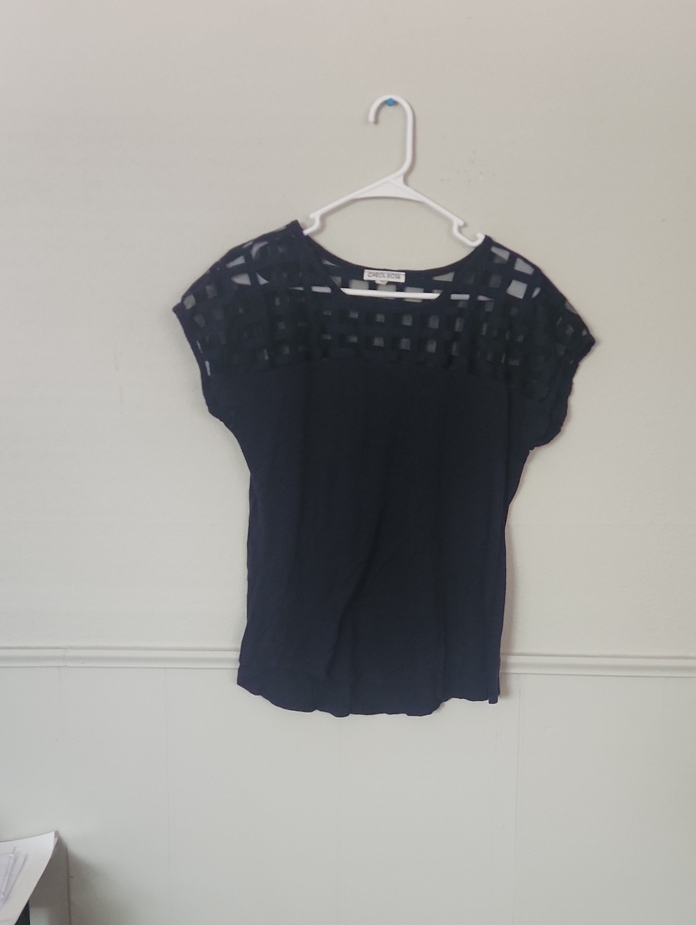 Carol Rose Navy Short Sleeve Top with Cutout Grid Yoke